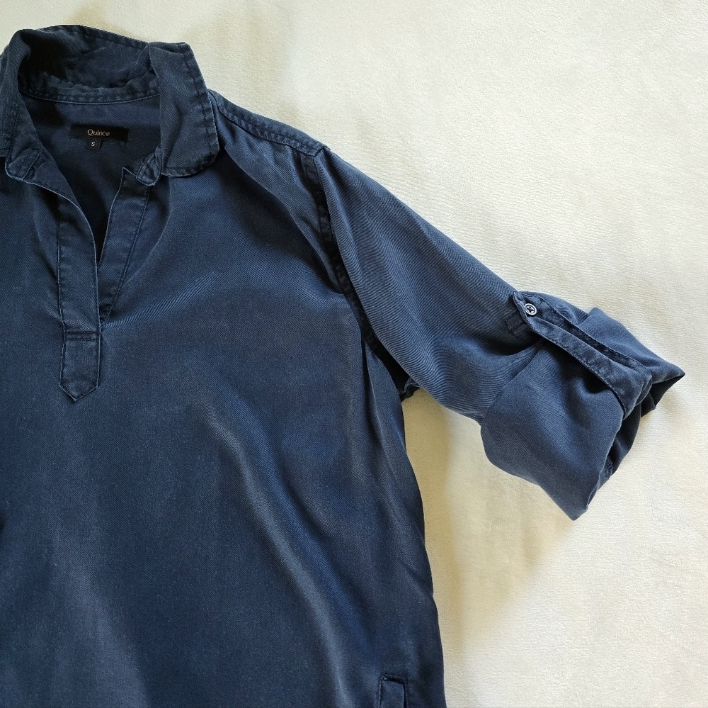 Quince▪️Vintage Wash Tencel Roll Sleeve Tunic Dress in Midnight Blue - Picture 9 of 12